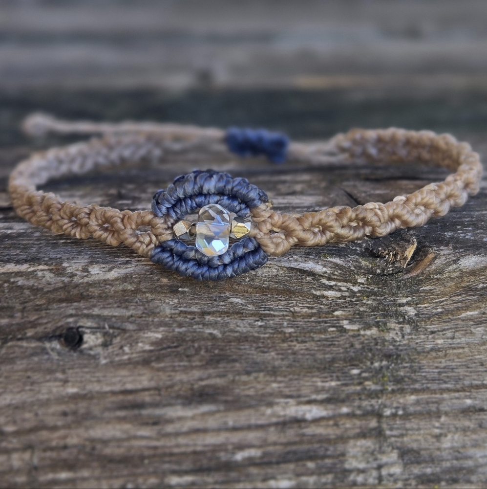 011 New Handcrafted Micro Macrame Blue and Tan Bracelet